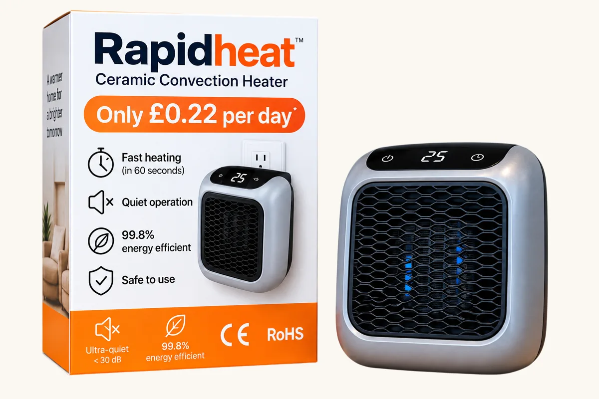 RapidHeat Ceramic Convection Heater retail box beside the heater unit, box printed with CE and RoHS marks