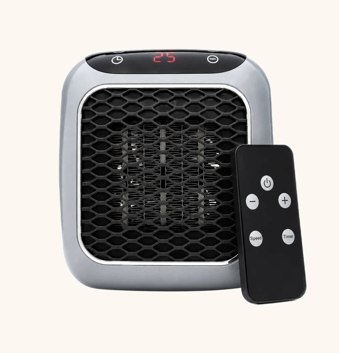 RapidHeat heater from a slight angle showing the rounded silver edge and the remote with power, minus, plus, Speed and Timer buttons