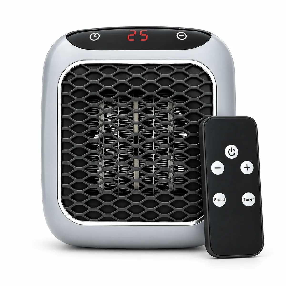 RapidHeat plug-in heater, front view, silver body with black grille and a digital display reading 25, next to its black remote control