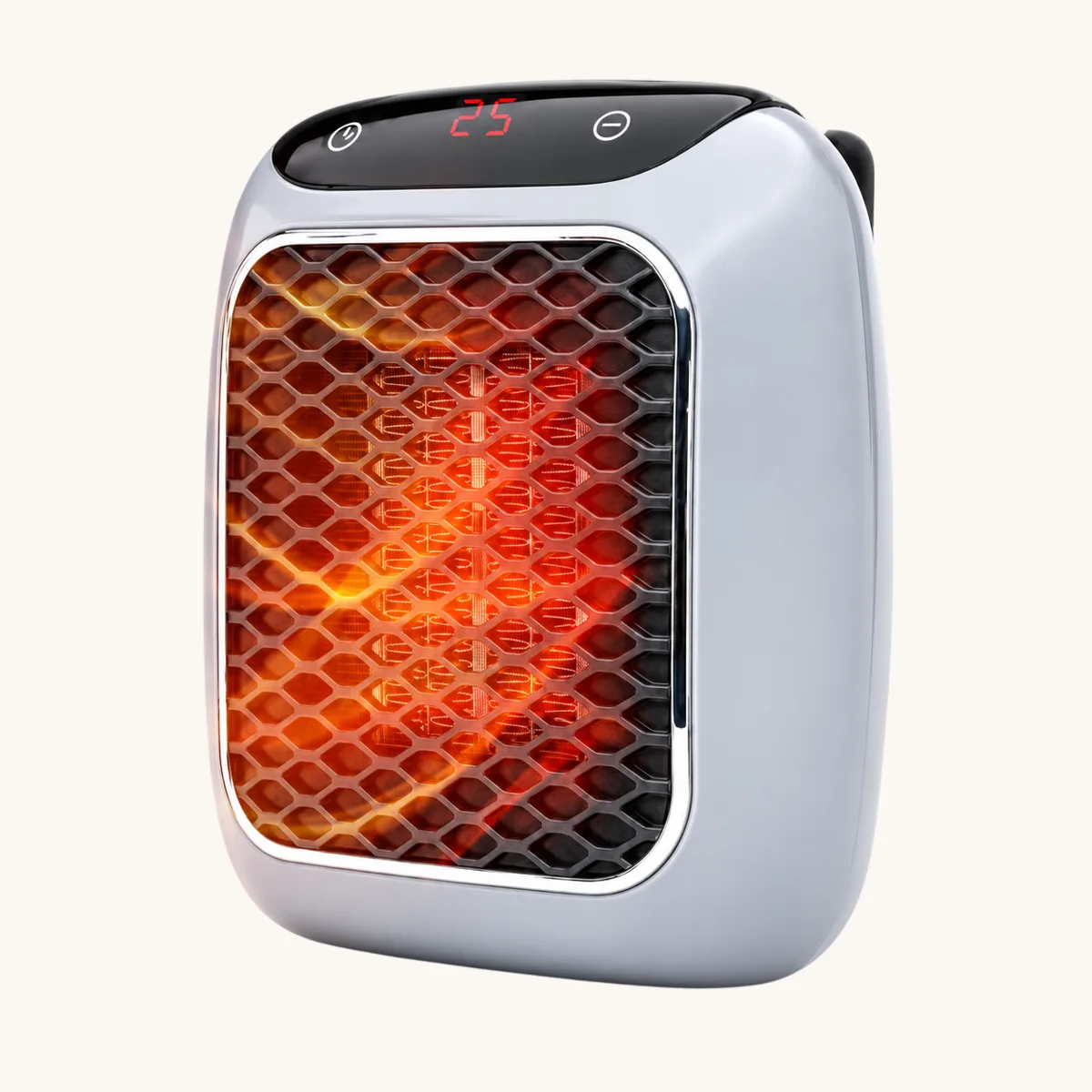 RapidHeat heater viewed from the side, showing the plug housing on the back and an orange glow effect behind the grille